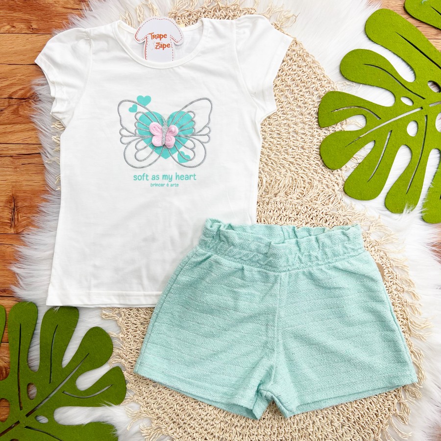 Conj. Blusa Soft as my Heart e Short com Brilhinhos - Verde Água e Off White